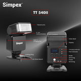 Simpex TT 540 II on camera flash with in built lithium-ion battery that supports USB-C charging, 2.4 Ghz in built reciever for wireless triggering and a universal hot shoe design.