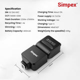 Simpex TT 540 II on camera flash with in built lithium-ion battery that supports USB-C charging, 2.4 Ghz in built reciever for wireless triggering and a universal hot shoe design.
