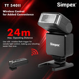 Simpex TT 540 II on camera flash with in built lithium-ion battery that supports USB-C charging, 2.4 Ghz in built reciever for wireless triggering and a universal hot shoe design.