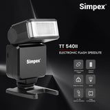 Simpex TT 540 II on camera flash with in built lithium-ion battery that supports USB-C charging, 2.4 Ghz in built reciever for wireless triggering and a universal hot shoe design.