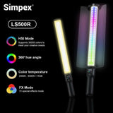 Simpex (LS 500R) handheld RGB light stick with barndoors, dual side lightwand with 5200mAh built-in battery comes with hardcase carry bag.