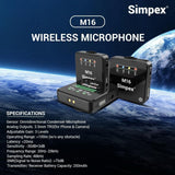 Simpex® M-16 Wireless Microphone System with ANC Noise Reduction, 360° Sound Capture, 100M Range, Upto 12 Hrs Working Time, for DSLR Camera, Android & iOS Smartphones, Seamless Audio Recording