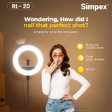 Simpex (RL 20) 20 inch Professional LED Ring Light Runs on AC/DC Power with No Shadow apertures, Ideal use for Makeup, Video Shoot, Fashion Photography & Many More