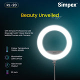 Simpex (RL 20) 20 inch Professional LED Ring Light Runs on AC/DC Power with No Shadow apertures, Ideal use for Makeup, Video Shoot, Fashion Photography & Many More