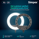 Simpex (RL 20) 20 inch Professional LED Ring Light Runs on AC/DC Power with No Shadow apertures, Ideal use for Makeup, Video Shoot, Fashion Photography & Many More