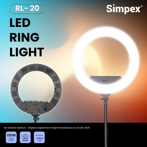 Simpex (RL 20) 20 inch Professional LED Ring Light Runs on AC/DC Power with No Shadow apertures, Ideal use for Makeup, Video Shoot, Fashion Photography & Many More