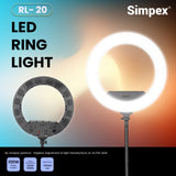 Simpex (RL 20) 20 inch Professional LED Ring Light Runs on AC/DC Power with No Shadow apertures, Ideal use for Makeup, Video Shoot, Fashion Photography & Many More