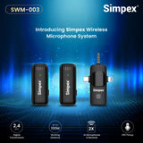 Simpex® (SWM-003) Wireless Microphone & amp; Receiver , 2x Mic System, 2.4GHz Frequency, 4Hr Battery, 20m Range, For all smartphones, Ideal for Voice Recording, & Live Streaming 