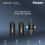 Simpex® (SWM-003) Wireless Microphone & amp; Receiver , 2x Mic System, 2.4GHz Frequency, 4Hr Battery, 20m Range, For all smartphones, Ideal for Voice Recording, & Live Streaming 
