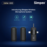 Simpex® (SWM-003) Wireless Microphone & amp; Receiver , 2x Mic System, 2.4GHz Frequency, 4Hr Battery, 20m Range, For all smartphones, Ideal for Voice Recording, & Live Streaming 