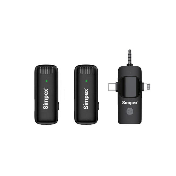 Simpex® (SWM-003) Wireless Microphone & amp; Receiver , 2x Mic System, 2.4GHz Frequency, 4Hr Battery, 20m Range, For all smartphones, Ideal for Voice Recording, & Live Streaming 