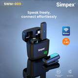 Simpex (SWM-009) 2 in 1 wireless Microphone System with active noise cancellation, 50m wireless range, upto 8 hrs of working time, plug and play, compatible with all the smartphones