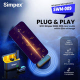 Simpex (SWM-009) 2 in 1 wireless Microphone System with active noise cancellation, 50m wireless range, upto 8 hrs of working time, plug and play, compatible with all the smartphones
