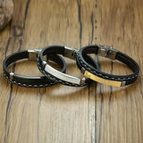 Cowboy Fashion Stainless Steel Gold Black Customized Personalised Laser Engraved Leather Wrist Band ID Bracelet Men