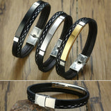 Cowboy Fashion Stainless Steel Gold Black Customized Personalised Laser Engraved Leather Wrist Band ID Bracelet Men