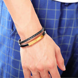 Cowboy Fashion Stainless Steel Gold Black Customized Personalised Laser Engraved Leather Wrist Band ID Bracelet Men