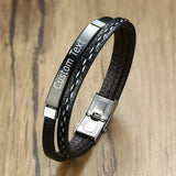 Cowboy Fashion Stainless Steel Gold Black Customized Personalised Laser Engraved Leather Wrist Band ID Bracelet Men