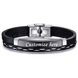 Cowboy Fashion Stainless Steel Gold Black Customized Personalised Laser Engraved Leather Wrist Band ID Bracelet Men