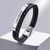 Cowboy Fashion Stainless Steel Gold Black Customized Personalised Laser Engraved Leather Wrist Band ID Bracelet for Men