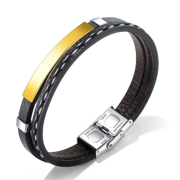 Cowboy Fashion Stainless Steel Gold Black Customized Personalised Laser Engraved Leather Wrist Band ID Bracelet Men