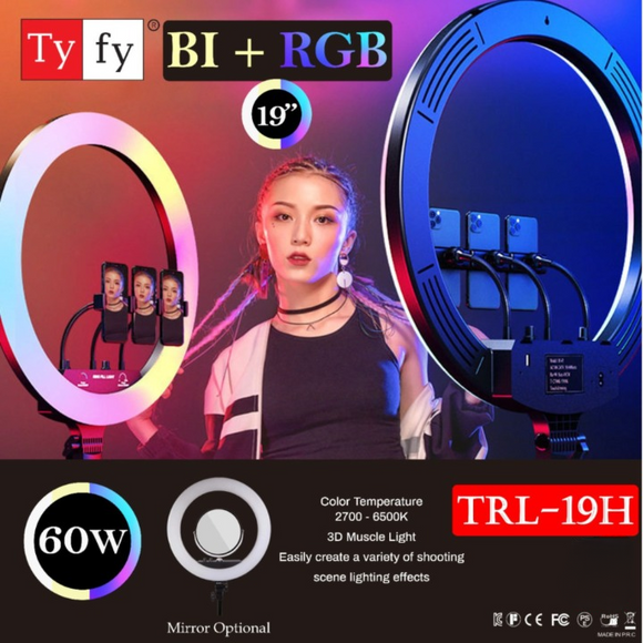 TYFY TRL 19H 60W BI+RGB LED RINGLIGHT WITH REMOTE AND MIRROR for YouTube | Photo-Shoot | Video Shoot | Live Stream | Reels | Makeup & Vlogging