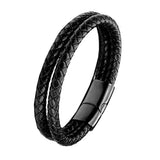 Cowboy fashion Two Layer Rope Black Leather Charm Wrist Band Strand Bracelet Men