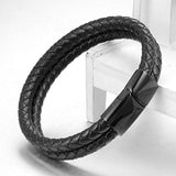 Cowboy fashion Two Layer Rope Black Leather Charm Wrist Band Strand Bracelet Men