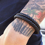 Cowboy fashion Two Layer Rope Black Leather Charm Wrist Band Strand Bracelet Men