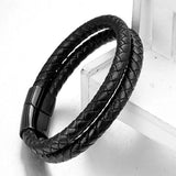 Cowboy fashion Two Layer Rope Black Leather Charm Wrist Band Strand Bracelet Men