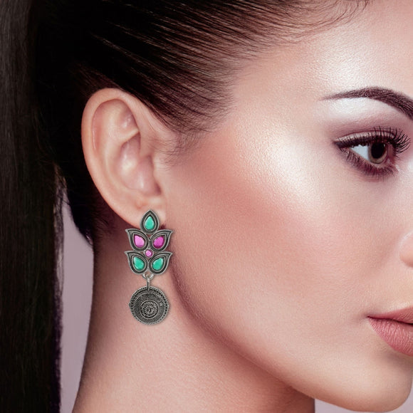 Cowboy Fashion Traditional Silver Oxidized Zinc Alloy Pink Green Leaf Stone Agate Earring For Girls Women