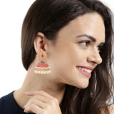 Cowboy Fashion Oxidized Red Golden Plated Zinc Alloy Base Round Pearl & Danglers Agate Stone Earring For Girls Women's