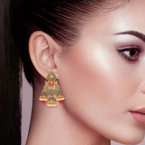 Cowboy Fashion Fancy Peacock Gold Plated Zinc Alloy Red Pearl Drops & Danglers Agate Earring For Girls Women