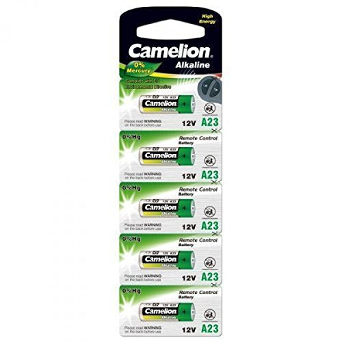 Camelion A23 Pack of 5 12-volt Alkaline battery RF remote controls, like those for garage door openers.